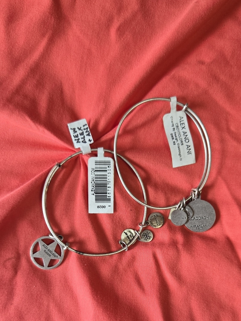 Alex and Ani Silver Charm Bangle Bracelets on Coral